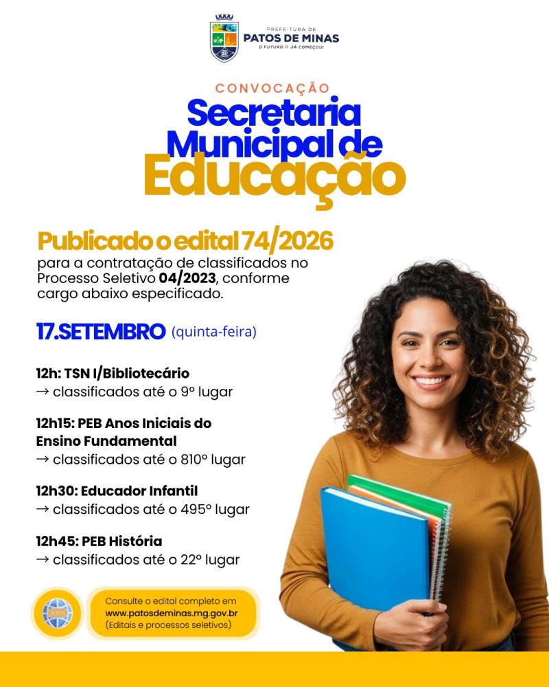 PATOS DE MINAS CONVOCA CLASSIFICADOS PARA CINCO VAGAS TEMPORÁRIAS NA EDUCAÇÃO
