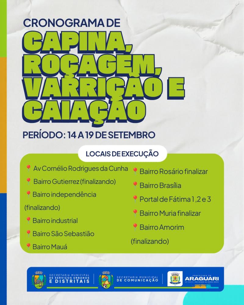 ARAGUARI TEM SERVIÇOS DE LIMPEZA PROGRAMADOS EM BAIRROS E AVENIDAS ATÉ DIA 19