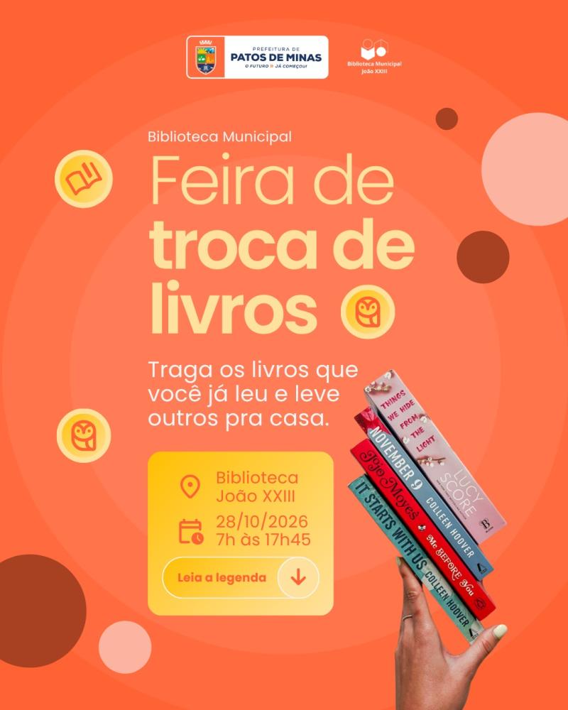 PATOS DE MINAS TERÁ FEIRA DE TROCA DE LIVROS NA BIBLIOTECA MUNICIPAL JOÃO XXIII